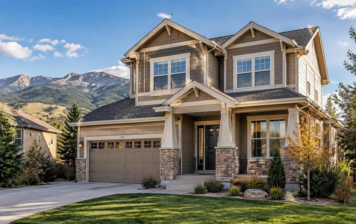 Denver-area home with new replacement windows and the Rocky Mountain foothills behind it